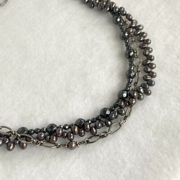 Sterling Silver 925 Triple Strand Peacock Pearl Hematite & Chain Necklace 17.5" - Picture 13 of 16